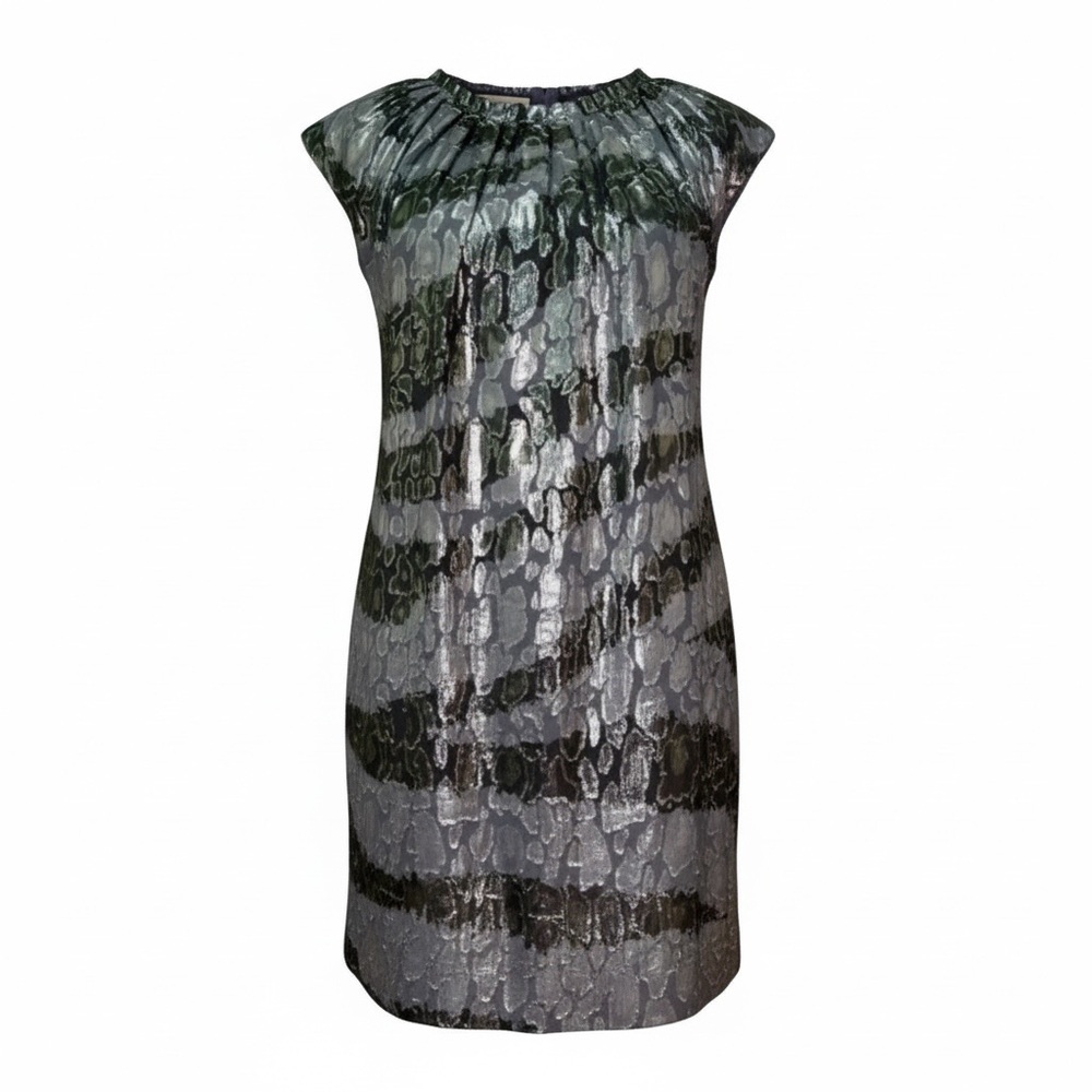 Michael Kors Metallic Silk Dress Size 4 Silver Black Party Cocktail Mini - Picture 3 of 14